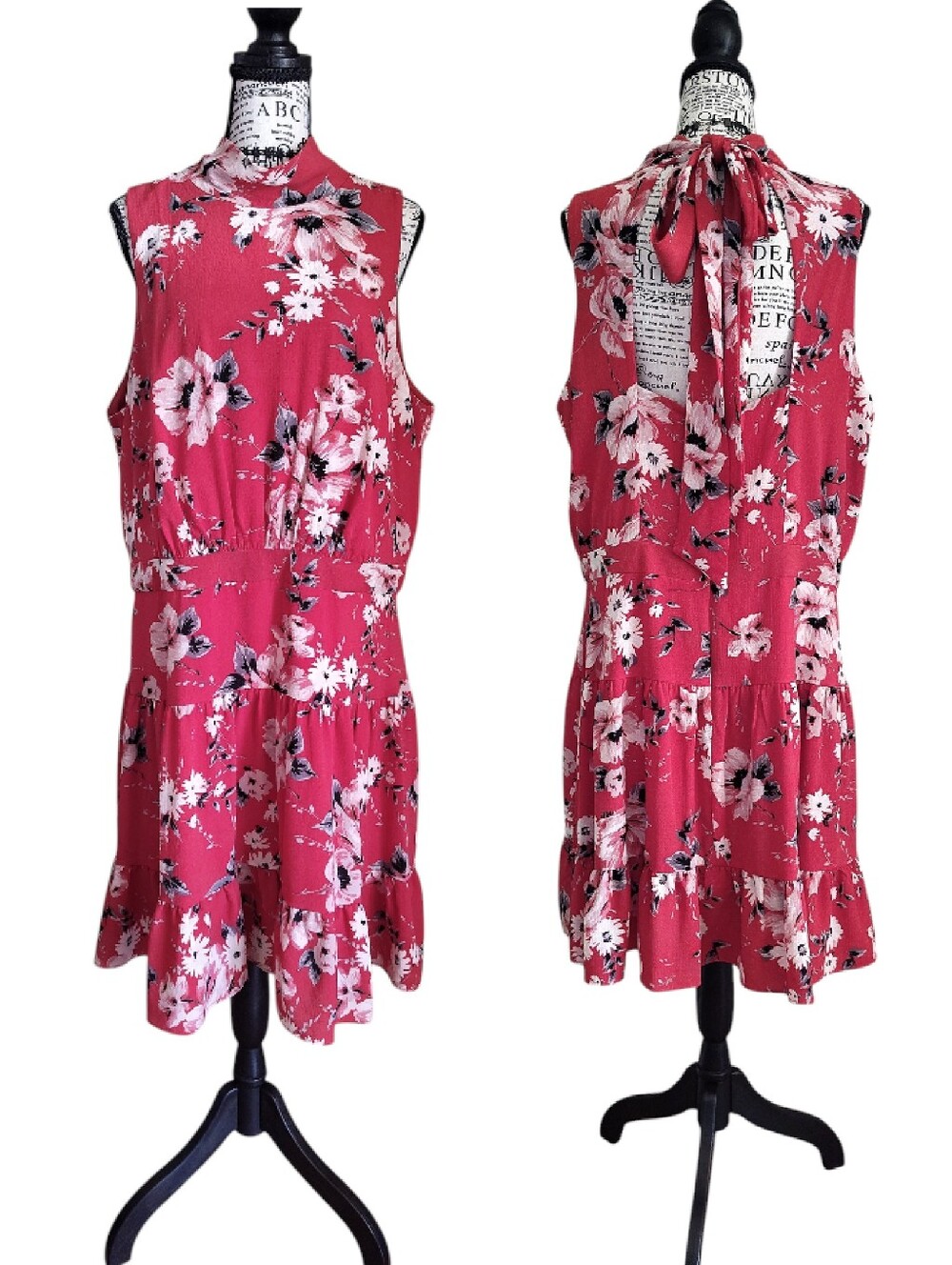 ELLE Sleeveless Red Floral High Neck Ruffle Tiered Mini Dress XL w/‎ Tie Back